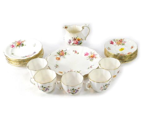 A Royal Crown Derby Derby Posies part tea service, comprising six cups and saucers, six side plates and a milk jug and a cake