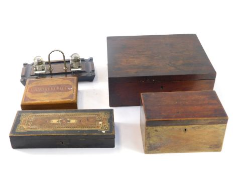 A collection of 19thC and later boxes and ink wells, comprising a ebony and ebonised ink well, eastern inlay box, 19thC mahog