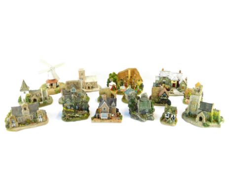 A collection of Lilliput Lane Cottages, comprising Village School, Stradling Priory, Appleby East, St Governs Chapel, Pillar 