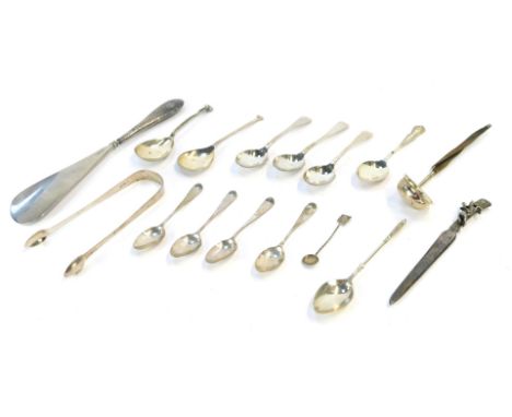 A mixture of silver and silver plate, comprising three alpha plate Fiddle pattern teaspoons, a pair of George V silver sugar 