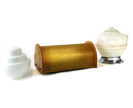 Art Deco lighting, comprising a orange plastic domed wall light, 30cm high, a white stepped shade, 14cm high, and a mottled a
