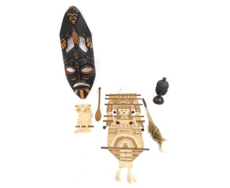 Tribal Art. A large carved wooden wall mask, an ebony jar and cover formed as a lady, tapestry hanging etc. Mask 98cm high x 