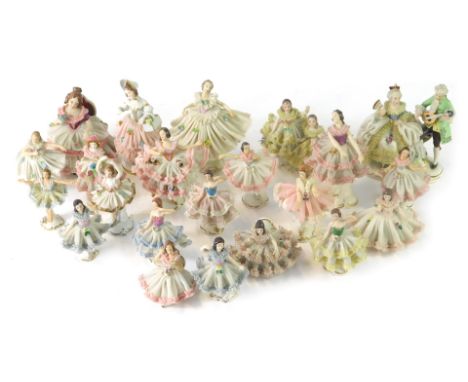 A group of Dresden porcelain crinoline figures, AF. (a quantity)