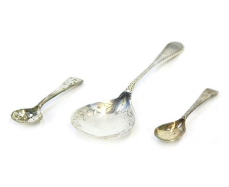 A silver caddy spoon, with beaded and floral bowl, Birmingham 1942, ½oz, and two EPNS preserve spoons.