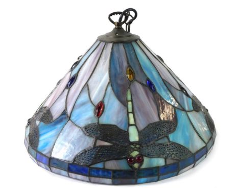 A Tiffany style hanging ceiling light, on a blue and purple ground with dragonflies, the shade 40cm diameter.