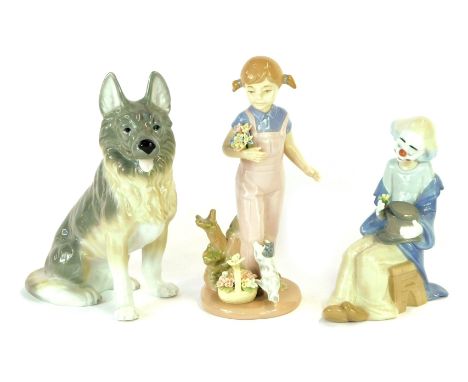 Three Spanish Porcelain figures, comprising Royal Ashmore figure of a Dog, a Nadal Watching the Butterfly figure, and a Nao L