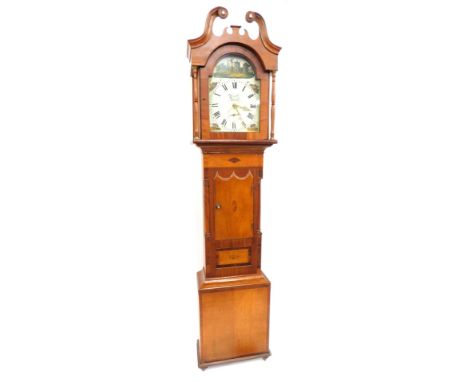 Russell, Thirsk. A 19thC longcase clock, the arched dial painted with ruins, sheep, etc, with a thirty hour movement, in an o