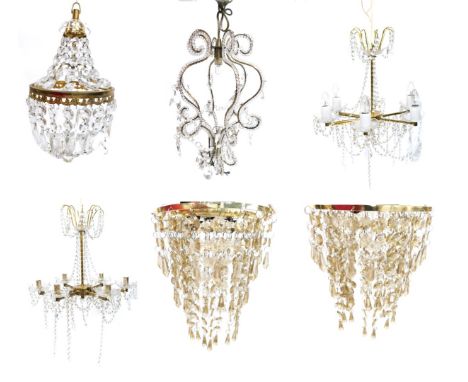 A pair of brass and crystal five branch chandelier, a 20thC domed shaped hanging light, and two four tier hanging lights  (2 