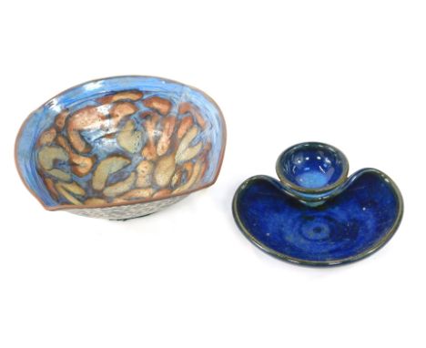 Two items of Studio Pottery, comprising a blue fluted bowl with Trident mark, 18cm wide and a Jackie Walton ribbed bowl with 