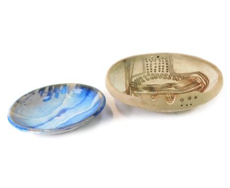 Two items of studio pottery, comprising a blue glazed studio pottery bowl, with a trident, 30cm diameter, and a pottery bowl,