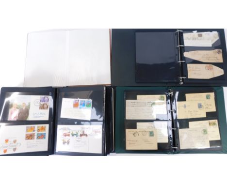 A group first day covers and postage worn postcards, comprising a empty tan album, GB first day covers 1960 - 1979, Queen Vic