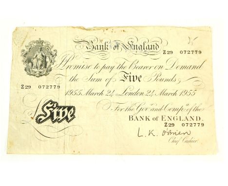 A Bank of England white Five Pound note, with cashier L K O'Brien, serial number Z29072779, and stamped to reverse 29522 2203