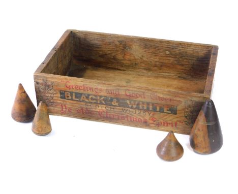 A Black &amp; Whyte Scotch Whisky Christmas Spirit storage basket, and various treen, 9cm high, 33cm wide, 20cm deep. (5)