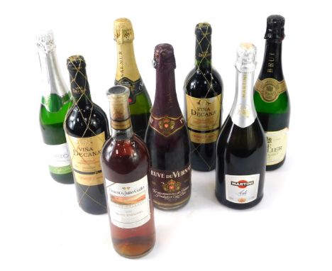 A collection of mixed alcohol, comprising rose wine, sparkling wine, Veuve de Vernay GF Cavalier Brut, First Cape sparkling w