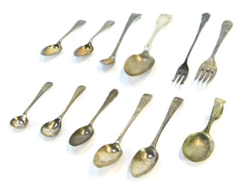 A group of assorted silver cutlery, to include Fiddle pattern teaspoons, caddy spoons, some EPNS and plated examples, Victori