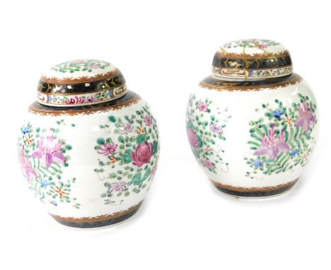 A pair of late 19thC Samson porcelain ginger jars and covers, each with hand painted purple flower decoration, with royal blu