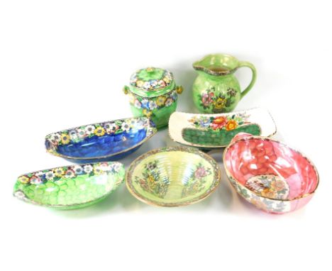 A group of Maling lustre wares, including a Rosene pink serving bowl, a blue oblong planter, a Peony rose bowl, and various g