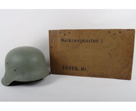 WW2 German Toolbox & Steel Helmet, interesting wooden rectangular tool box with the lid being stencilled ‘Werkzeugkasten 1’ a