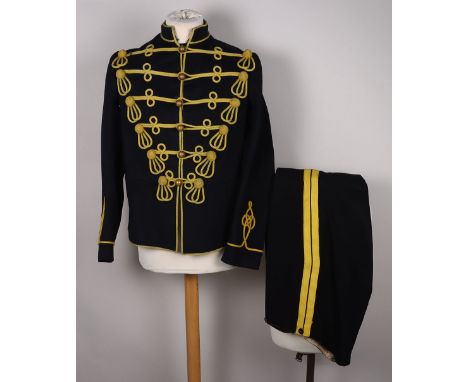 Pre WW1 British Hussars Uniform, navy blue cloth tunic with yellow cord and frogging to the front. Concealed hook closures an