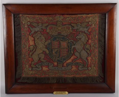 * The Life Guards Trumpet Banner, circa 1860, silk and embroidery heavily worn, complete with fringe, framed and glazed. Re-o