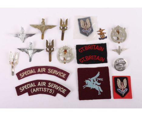 British Special Forces Badges, Parachute Regiment wings, Glider Pilot Regiment and SAS metal cap badges, cloth beret badges (