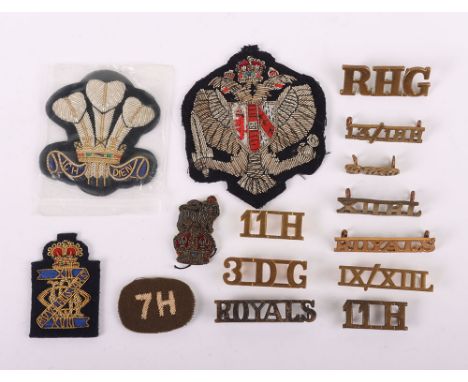 British 1st Queens Dragoon Guards bullion field cap badge  and Cavalry Shoulder Titles, 3DG, 11H, XIIRL, RHG, QDG gothic etc.