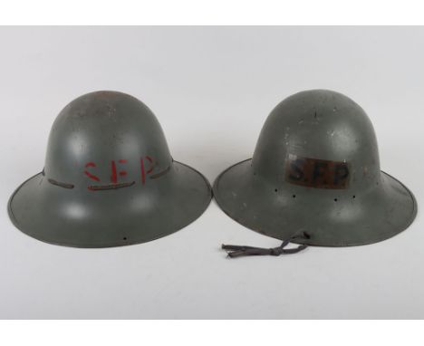 2x WW2 Zuckerman Pattern Senior Fire Patrol Home Front Helmets, grey painted shells, one having stencilled in red ‘S F P’ to 