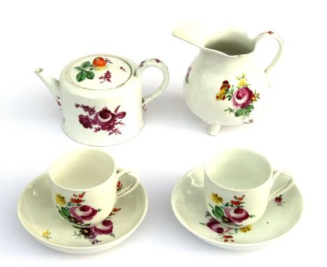 A quantity of 18th century Royal Vienna porcelain with floral decoration comprising teapot, milk jug and two coffee cups and 