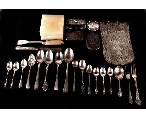 A quantity of silver items to include caddy spoons, a cigarette case, mesh purses and a silver mounted onyx table box, total 