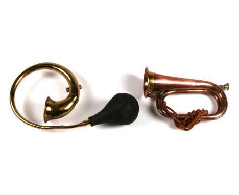 A Douglas &amp; Son, Glasgow, copper and brass bugle; together with a brass car horn (2).