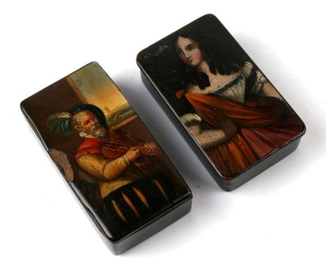 Two 19th century rectangular papier mache snuff boxes, each painted with a full length portrait. 7.5cm (3 ins) long.