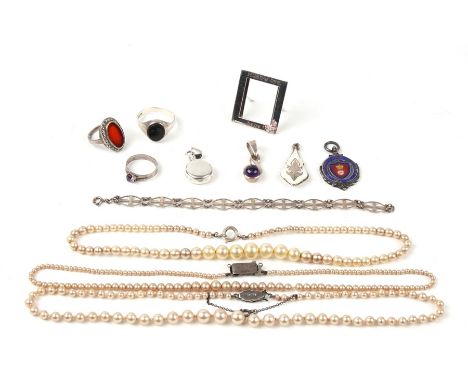 Three faux pearl necklaces with silver clasps; together with a quantity of silver jewellery to include rings and pendants.