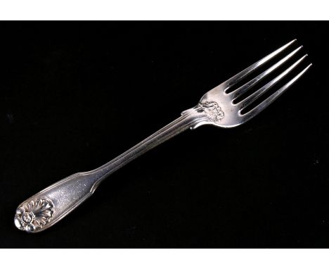 Military interest silver fork. London 1828. Engraved with the crest of the 17th Lancers. 92g. 19.5cm 7.75 inches.
