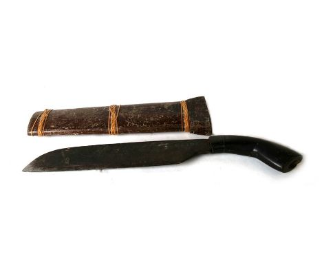 A 19th century Chinese machete with horn handle and signature to the blade together with its original wooden scabbard. Blade 