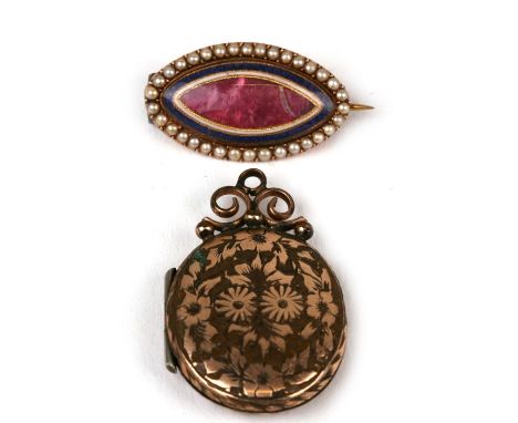 A 19th century yellow metal enamel and pearl brooch; together with a Victorian yellow metal mounted locket (2). 