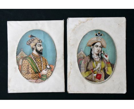 A pair of 19th century Indian portrait miniature paintings depicting Shah Jahan and Mumtaz Mahal, with Fakir Chand &amp; Ragh