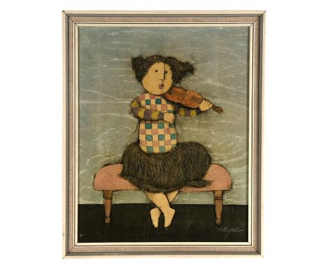 J Roybal - Stylised Figure Seated on a Stool Playing a Violin - signed lower right, oil on canvas, framed, 40 by 50cms (15.75