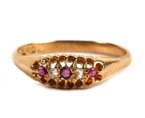 An 18ct gold, ruby and old cut diamond five stone ring, Birmingham 1911, 3.6g. Approx. UK size U. 