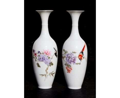 A pair of Chinese Republic eggshell vases decorated with birds, flowers and calligraphy, red seal mark to underside, 15.5cms 