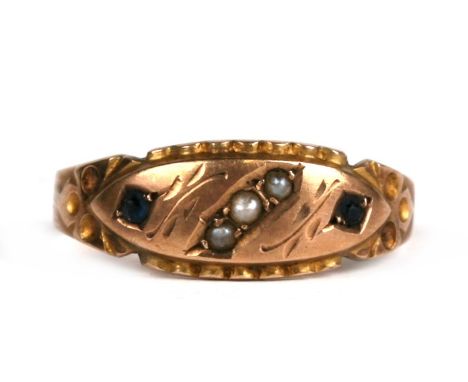 A 9ct gold sapphire and pearl gypsy style ring, approx UK size 'M'.