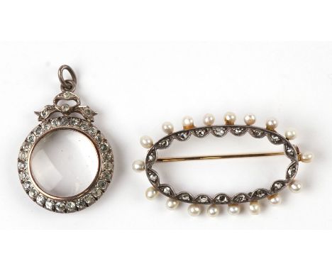 A diamond and pearl set brooch; together with paste set pendant locket (2).