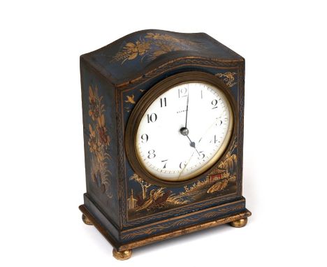 An early 20th century Asprey mantle clock, the white enamel dial with Arabic numerals, in a chinoiserie case, 16cms (6.25ins)