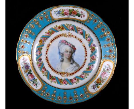 A Sevres jewelled cabinet plate with central portrait of Princess de Lamballe, with paper retail label for Lerosey, 11 Rue de