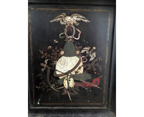 A 19th century French or Italian allegorical mother of pearl, brass, pewter inlaid wood panel picture