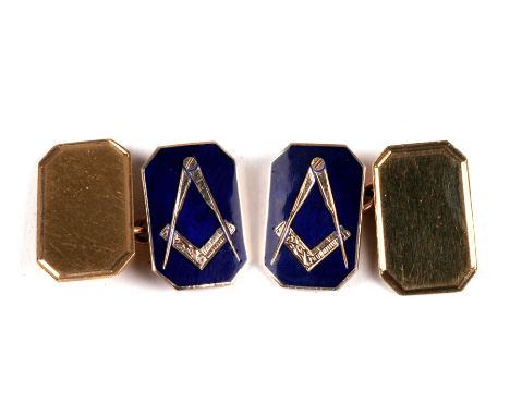 Pair of Masonic square and compass 9ct gold and blue enamel cufflinks. 8.2g.