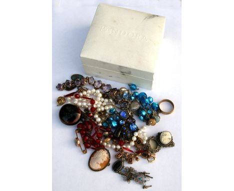 A pearl necklace with 9ct gold clasp, a pique pendant, a butterfly wing necklace and other items