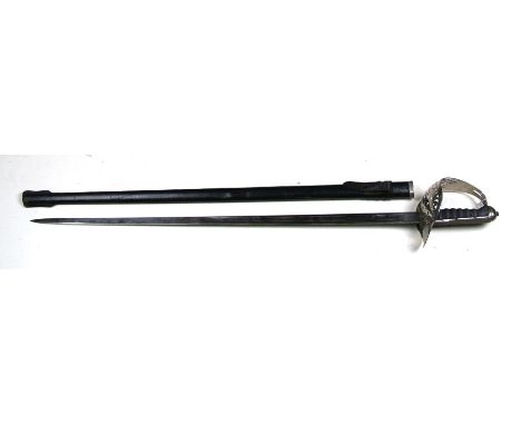 A George V Infantry officers sword in its leather covered scabbard. Having a finely etched blade with the GVR Royal cypher. M