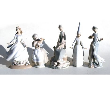 Four Lladro porcelain figures to include Princess, Girl with piglets, Girl with goose, and Dancing Princess, together with a 