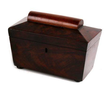 A 19th century two-division tea caddy of sarcophagus form, on compressed bun feet, 23cms (9ins) wide.