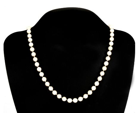 A pearl necklace with 9ct gold clasp, 50cms (19.75ins) long.